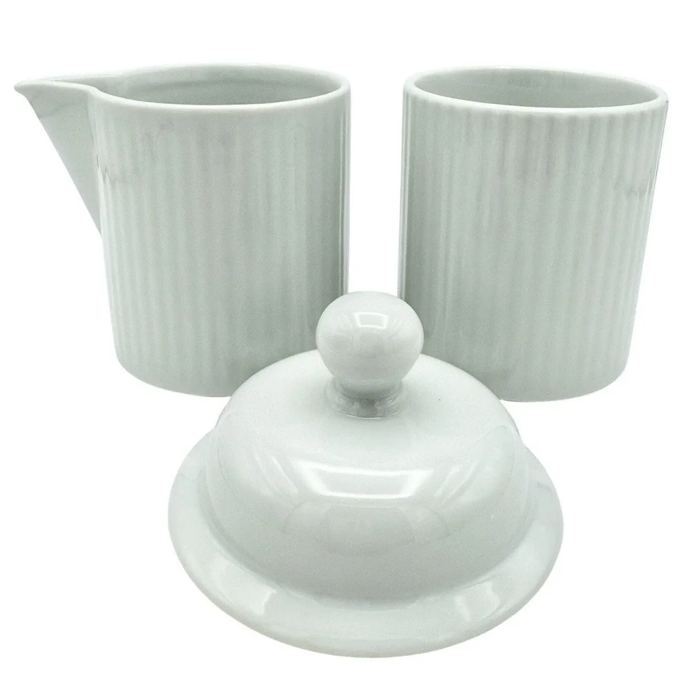 Vintage Dansk Bistro White Fluted Creamer & Lidded Sugar Bowl Set Japan 1970s